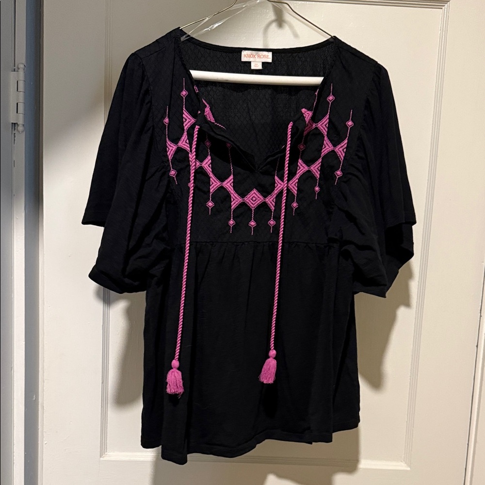 Knox Rose Black Blouse with Pink Embroidery